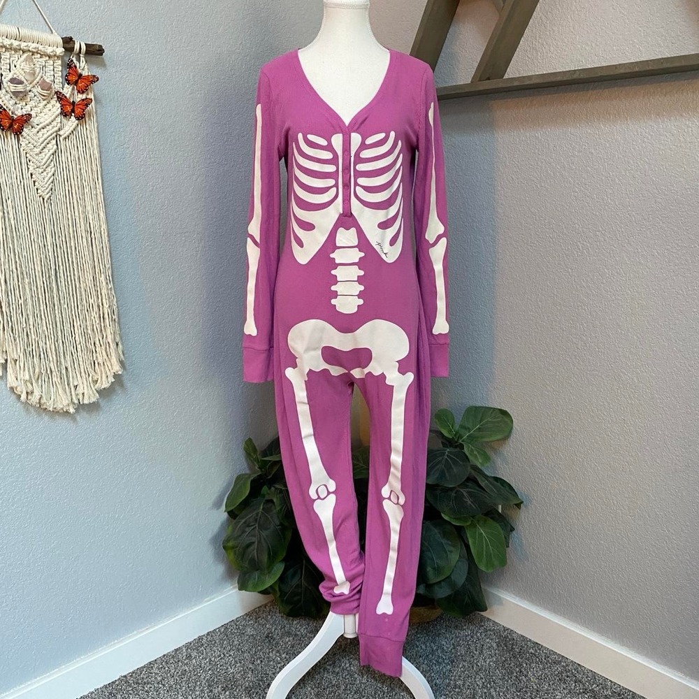 VICTORIA'S SECRET PINK SKELETON ONESIES HOT PINK THERMAL ONE PIECE Y2K HALLOWEEN